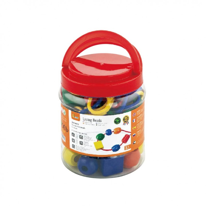 Комплект дървени мъниста за нанизване VIGA, 30 мъниста, 4 връзки, цветен, 130х15.5 см