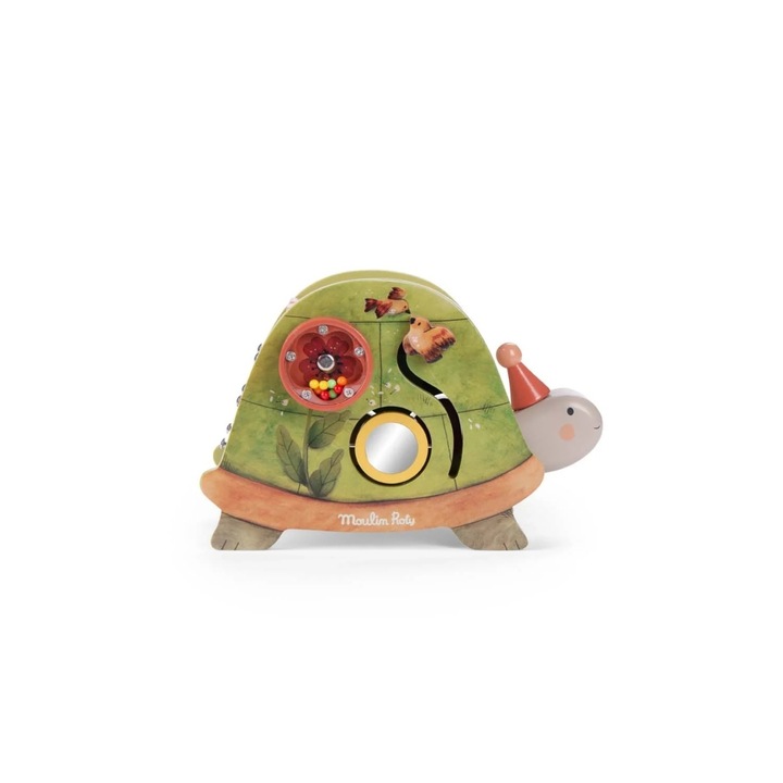 Мултифункционална дървена играчка Костенурка, Moulin Roty, развива фина моторика, интерактивни механизми, 23, 5x14, 8x15, 5 см
