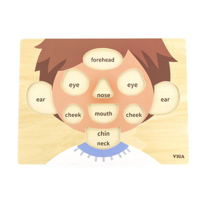 Пъзел VIGA, Лице, дървен, образователен, 30x22, 5x2, 4cm, за деца над 18 месеца, вариант: Момиче и Момче
