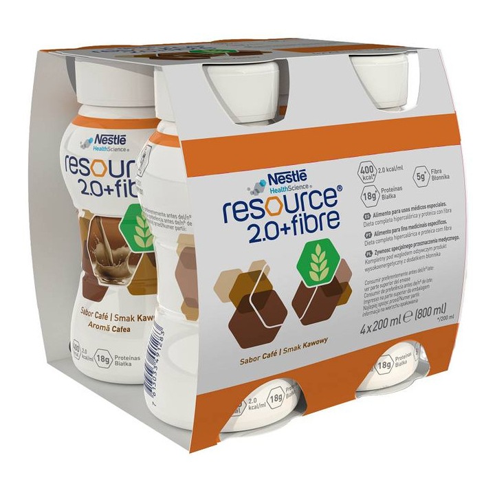 NESTLE Resource 2.0 + Fibre, храна за специални медицински цели с вкус на кафе, 4x200 мл