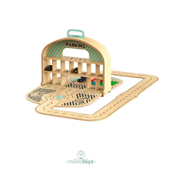 Паркинг за колички от дърво, MamaToyz, преносим, с 2 колички, естествен, 32x37x11 см