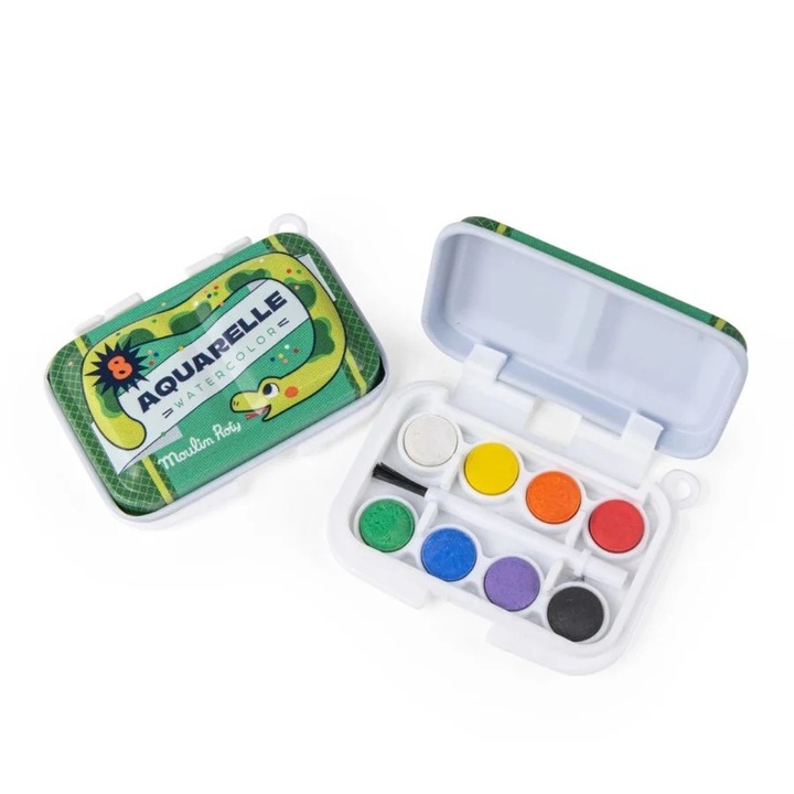 Set mini acuarela, Moulin Roty, 8 culori, cu pensula, multicolor