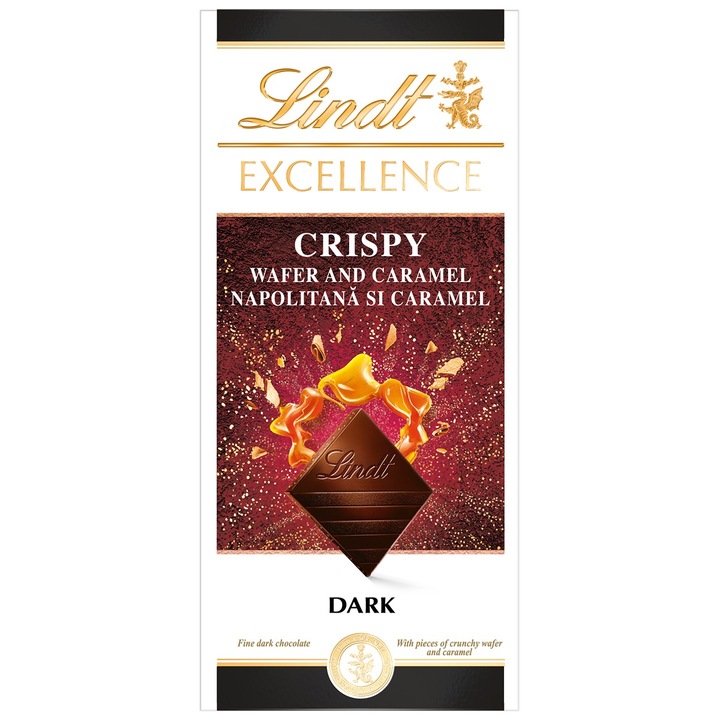 Шоколадов бар Lindt Excellence Crispy Wafer & Caramel, френска вафла с карамел, 100 г