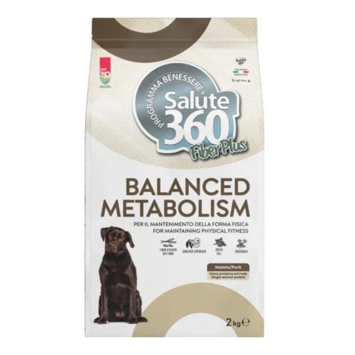 Hrana uscata pentru caini Pet360 Salute 360 Fiber Plus, cu porc, 2 kg, fibre de ovaz, control greutate