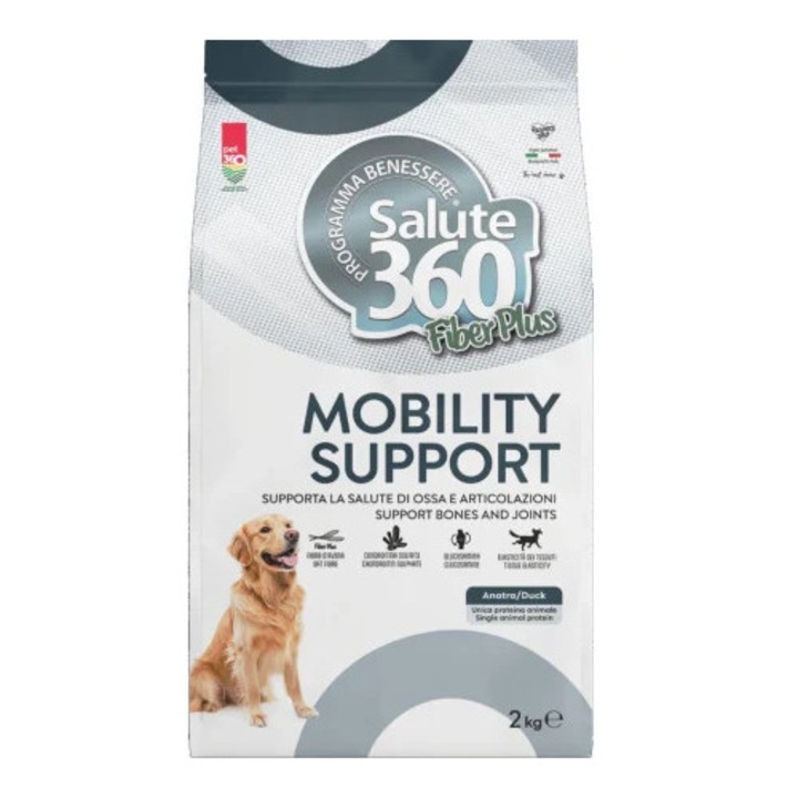 Hrana uscata pentru caini Pet360 Salute 360 Fiber Plus, cu rata, 2 kg, suport mobilitate, pentru toate taliile
