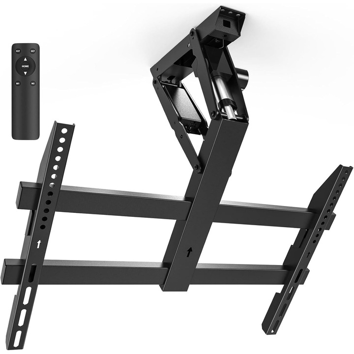 Motoros, összecsukható elektromos mennyezeti TV tartó távirányítóval, 23-55 hüvelykes sík és ívelt televíziókhoz, VESA 100x100–400x400mm, max. 35 kg súly, sík és ferde mennyezetekhez, fekete