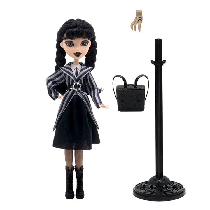 Papusa si accesorii Monster High Wednesday, figurina de colectie Wednesday Addams in uniforma Academiei Nevermore cu Thing si rucsac, suport pentru papusa