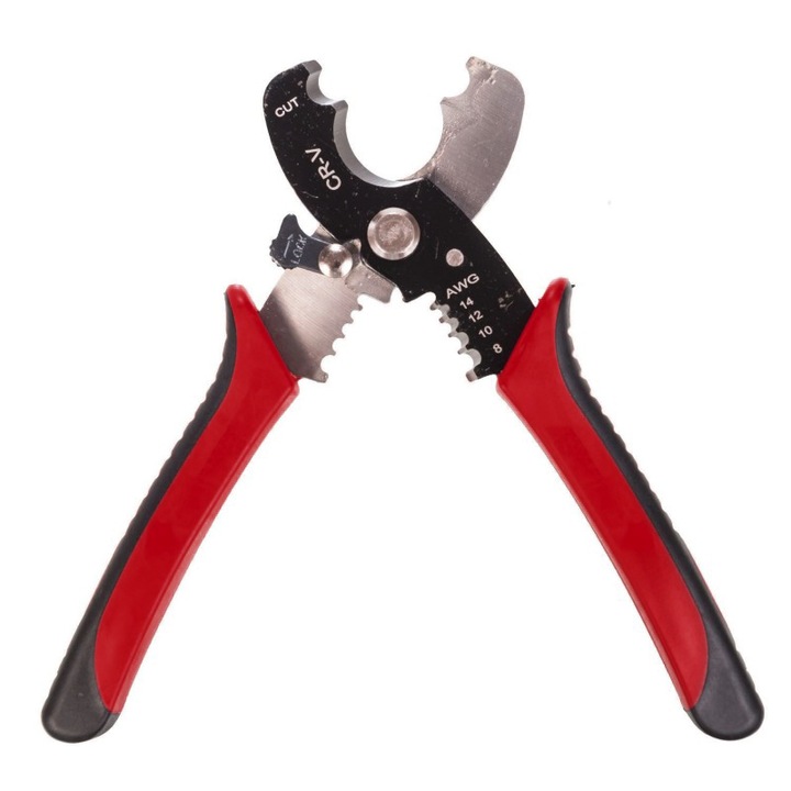 Cleste Multifunctional Dezizolat Cabluri 2.5-8 mm² SUPER TRENDS®, Taiere Pana la 22 mm, Manere Antialunecare, Rosu-Negru