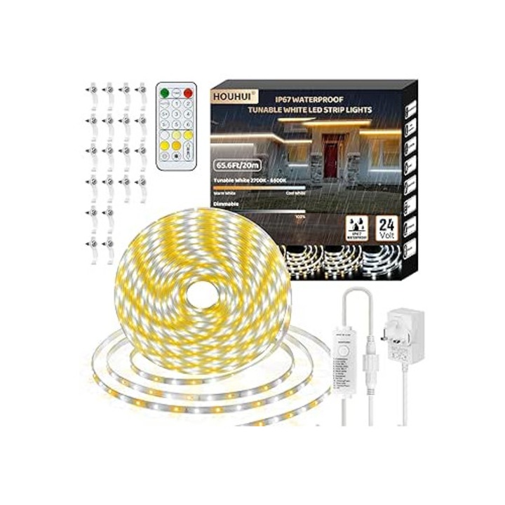 Banda LED 20m Alb Reglabil cu Telecomanda, Impermeabila IP67