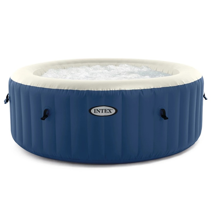 Piscina gonflabila Spa, cu hidromasaj, Intex PureSpa Bubble Massage 28486, exterior / interior, cu prelata, dozator produse chimice, cartus filtrare, 4 persoane, albastru, 180 x 66 cm