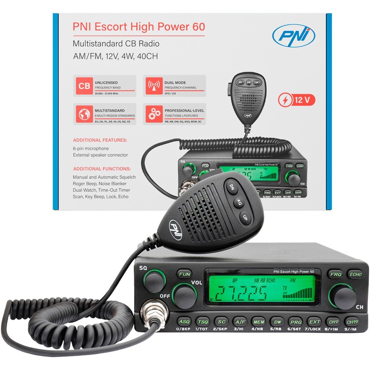 Statie radio CB si radioamatori PNI Escort High Power 60 multistandard, 60W FM/AM, 12V, ASQ, RF Gain