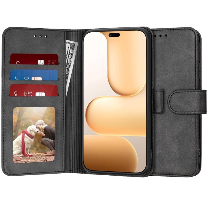 Husa pentru Honor 600 Lite tip carte 360 Kickstand Portofel Multifunctional, Protectie Completa, negru