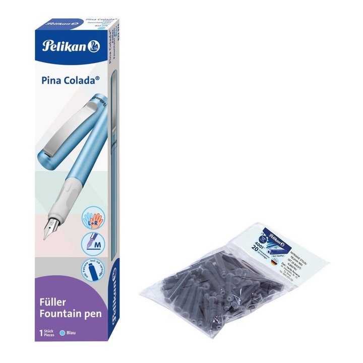 Set stilou Pelikan Pina Colada, penita M, cutie carton, albastru cu 20 rezerve de cerneala