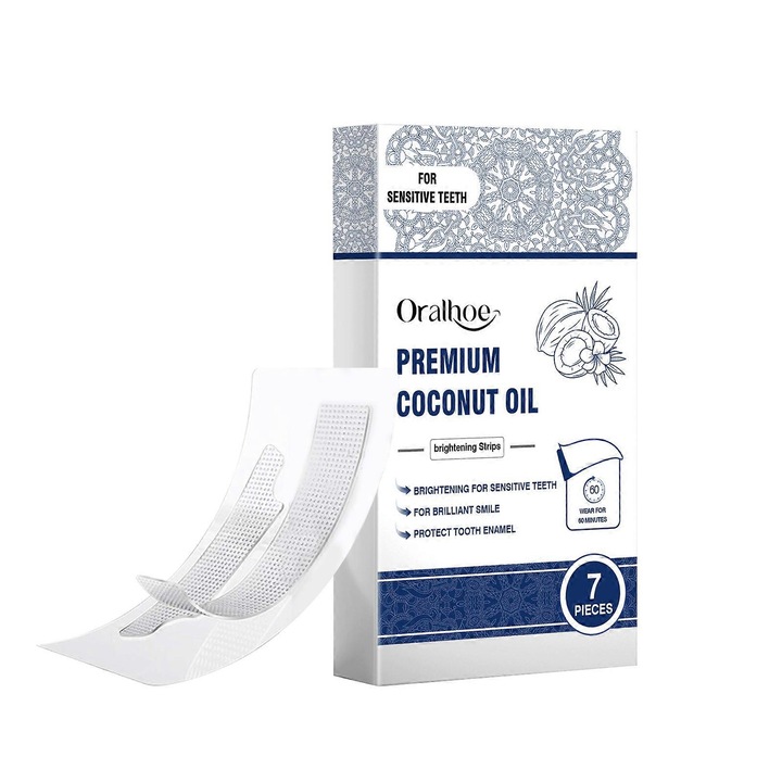 Fogfehérítő csíkok, ORALHOE, kíméletes összetevők, hosszan tartó hatás, egyenletes fehérítés, 60 perc