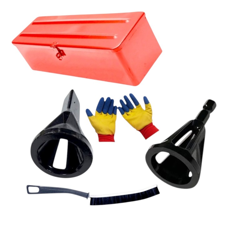 Cutie metalica pentru scule/unelte, 42 cm cu Set 2 Instrumente debavurare suruburi, cu prindere hexagonala/triunghiulara, diametru 28 mm, lungime 51 mm si Perie ingusta, 23 cm cu Set manusi protectie