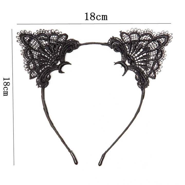 Set 2 accesorii par cu urechi de pisica din dantela, SUNTRADE, negru, dimensiune unica 18x18cm
