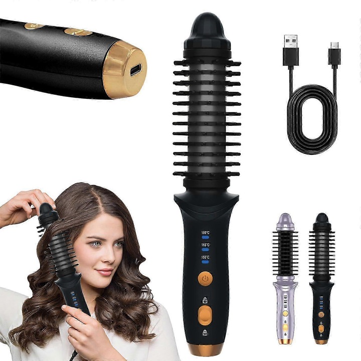 Perie de par electrica, mini, incarcare USB, 3 setari de temperatura, violet, 225x44x42mm