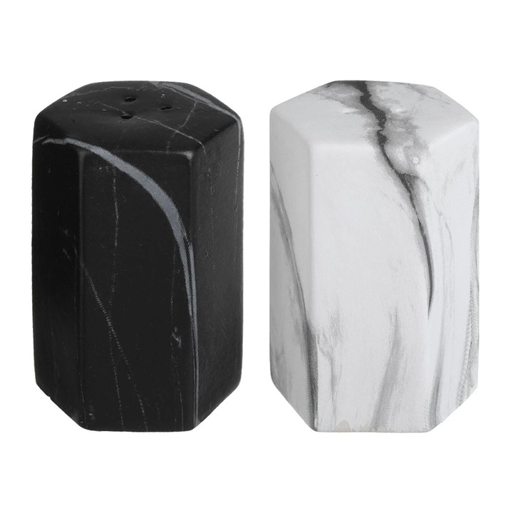 Set Solnite din Ceramica, Design Hexagonal cu Efect Marmura (Marble), Alb si Negru, 2 Piese