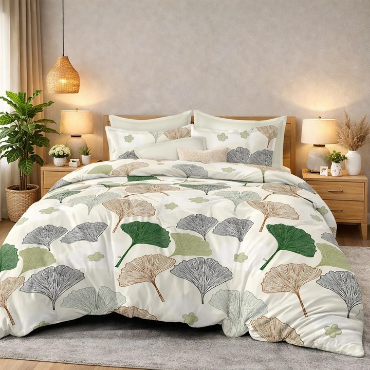 Lenjerie pat bumbac Finet 6 piese PROMO cu husa saltea 160x200 sau 180x200 cm, pilota 200x220 cm, 2 fete perna 50x70 si 70x70 cm, Bej/Verde, Ralex Pucioasa