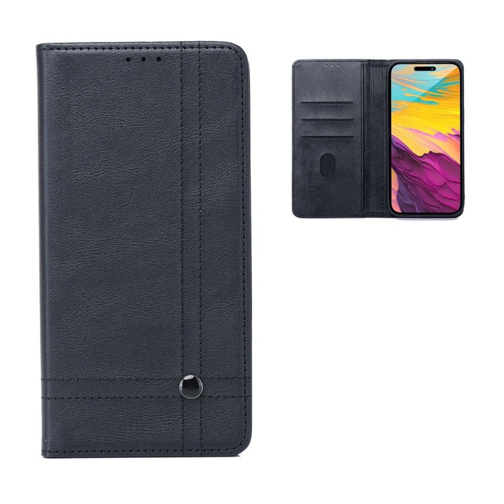 Husa tip carte, Smart Seam, pentru Samsung Galaxy S26 Plus, buzunar card, piele ecologica, Negru