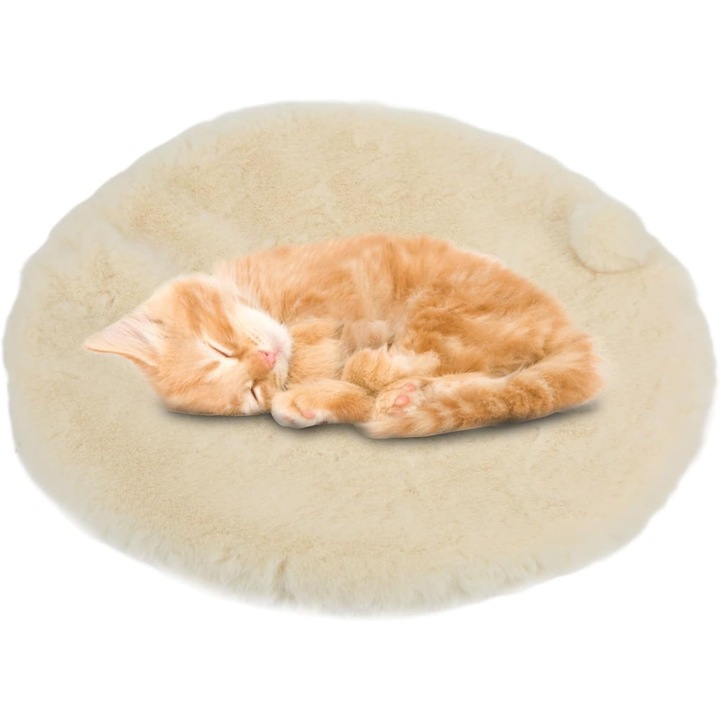 Culcus rotund pentru pisici, cu blana de iepure, baza antiderapanta, 30cm, alb