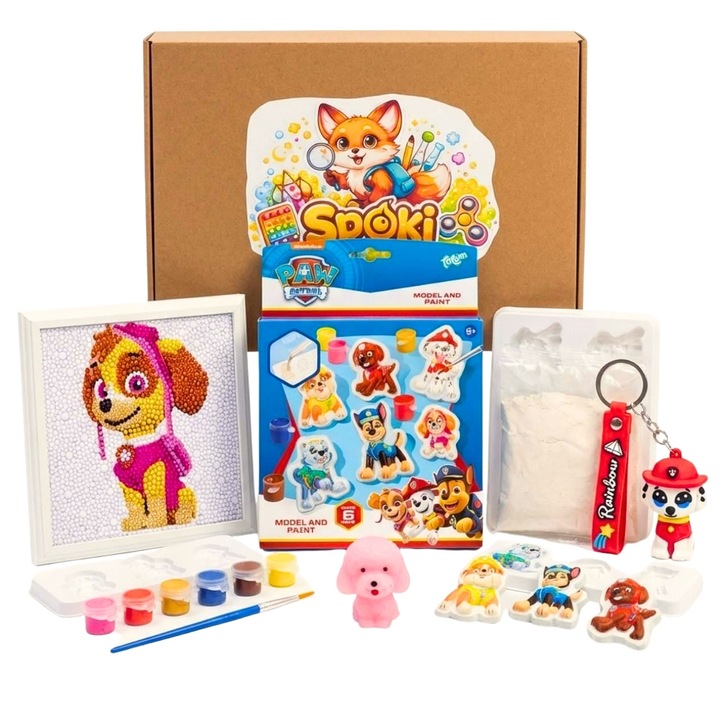 Set Creativ Paw Patrol 4 Activitati, Figurine din Gips, Vopsele, Squishy si Breloc, Copii 5+ ani