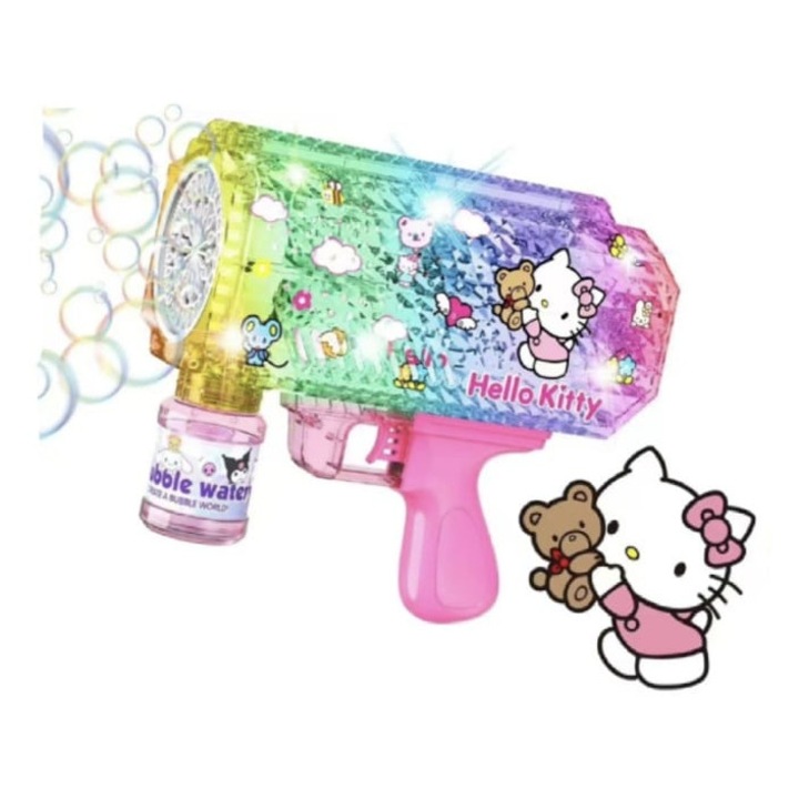 Jucarie Pistol de facut baloane de sapun, model Hello Kitty, cu acumulator si lumini, transparent, 18.5 cm