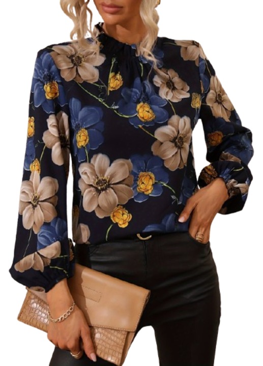 Camasa eleganta office, model floral, culoare albastru cu flori, Albastru
