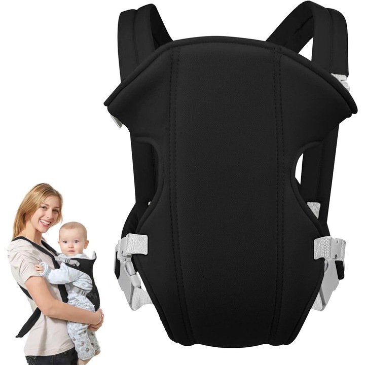 Marsupiu 3-in-1, suport pentru bebelusi, design ergonomic, material respirabil, negru, pentru bebelusi sub 10 kg.