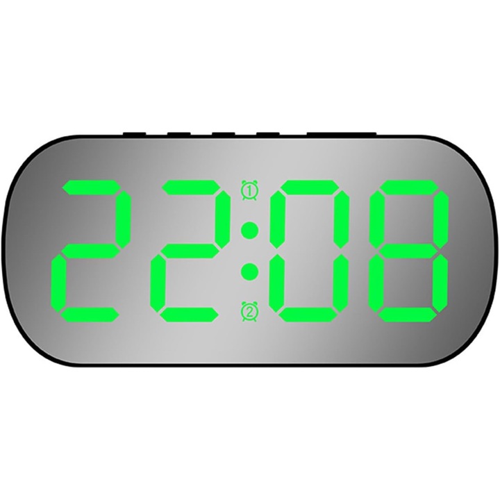 Ceas desteptator digital cu oglinda, 5 niveluri de luminozitate, mod noapte, dimensiuni 12.8x3.5x6.5cm, negru