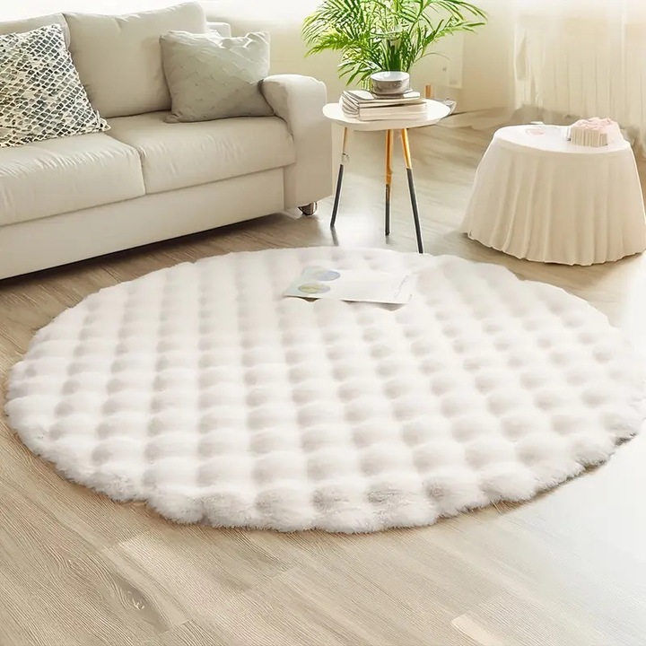 Covor rotund din plus, 120cm, alb, pentru living, dormitor, utilizare acasa