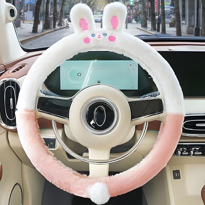 Husa volan auto universala 15 inch, design panda si pisica, material catifelat, antiderapant, pentru iarna