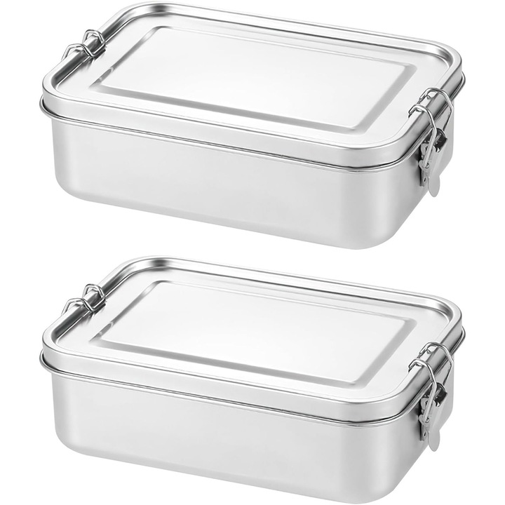 Set cutii alimentare din otel inoxidabil, 850ml, cu inchidere, rezistent la scurgeri, portabil, pentru salate si sandvisuri
