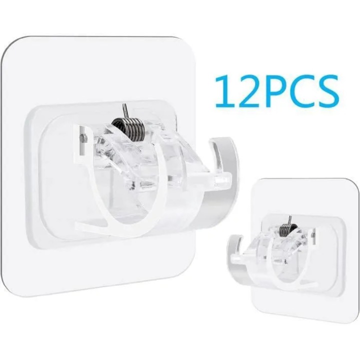 Set 12 suporturi autoadezive pentru perdele, transparent, 10-22mm, rezistente, pentru suprafete netede