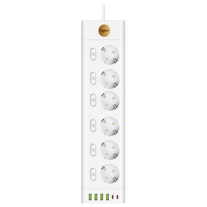 Hosszabbító 6 aljzattal, Omelivon, 4 USB port, 2 Type-C port, fehér, 2m