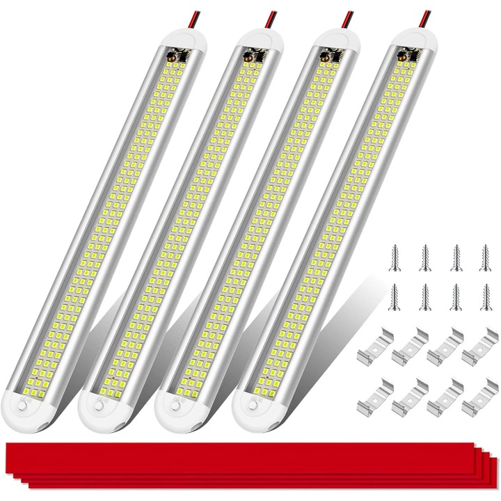 12V LED вътрешна осветителна лента, 12V автомобилна осветителна лента със 120 LED диода с превключвател за включване/изключване, 1600LM осветителна лента за ван, кола, къмпинг, камион, лодка, 4 броя