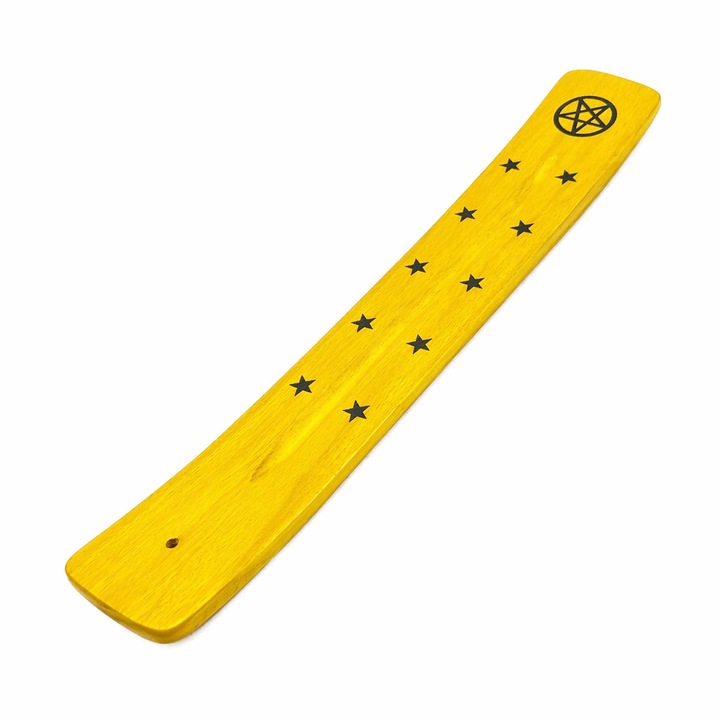 Suport betisoare parfumate, Dodaco, lemn galben, design simboluri stele, 26x4x0.5cm