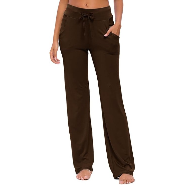 Pantaloni de yoga pentru femei cu buzunare si snururi late – Culoare Cafea Marime 2XL