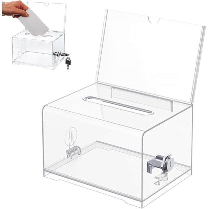 Cutie depozitare acrilica transparenta, cu incuietoare si cheie, 15x20cm, capacitate mare