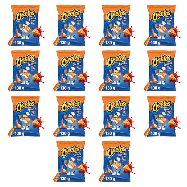 Chipsuri de porumb Frito-Lay, Cheetos Spirals, branza si ketchup, multicolor, set de 14, 130 g