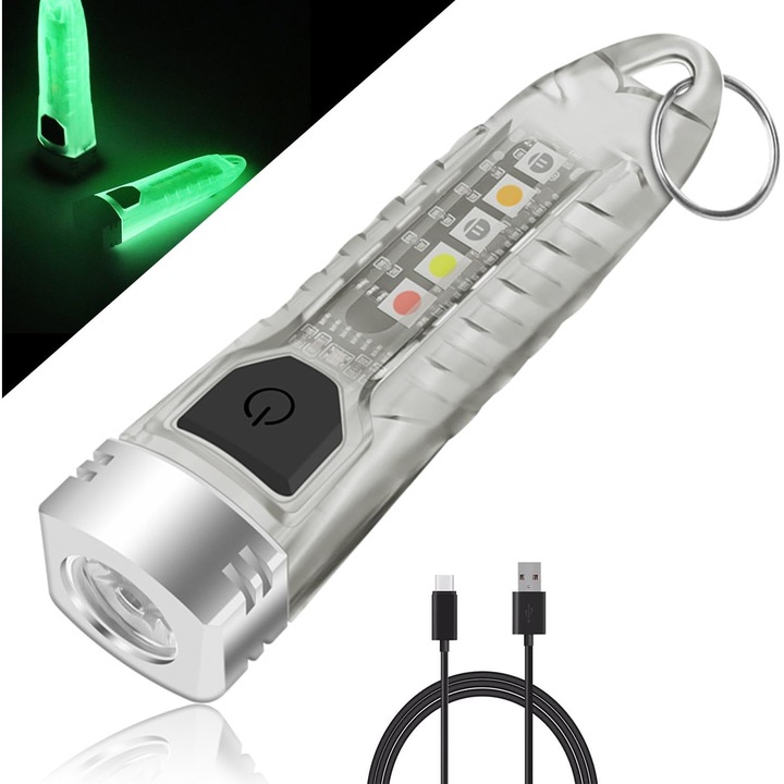 Lanterna mini LED, 400lm, 12 moduri, lumini UV, rosu, albastru, galben, reincarcabil, set cu cablu de incarcare, 7.3x1.8x1.6cm