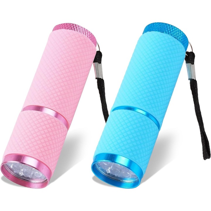 Set de 2 lanterne LED mici, 9 LED-uri, impermeabile, roz si albastru, pentru camping, drumetii, activitati in aer liber.