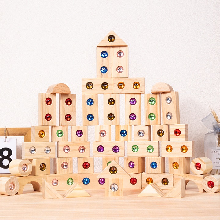 Set de constructie jucarii de Craciun, 50pcs, blocuri de lemn, multicolor, educationale
