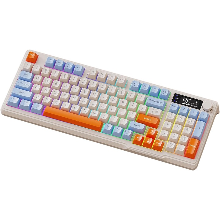Tastatura wireless, 96 taste, iluminare colorata, butoane multimedia, set pentru gaming, 38.5x14.5x4cm, albastru/gri/alb