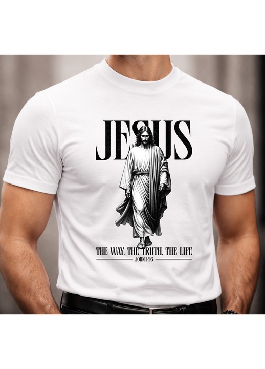 Tricou Barbati Alb cu Imprimeu Jesus, Bumbac 100%, Design Crestin „The Way The Truth The Life”, Regular Fit