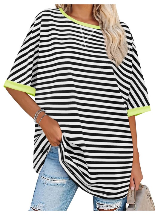 Tricou oversized femei, Imily Bela, dungi（10320）, Negru