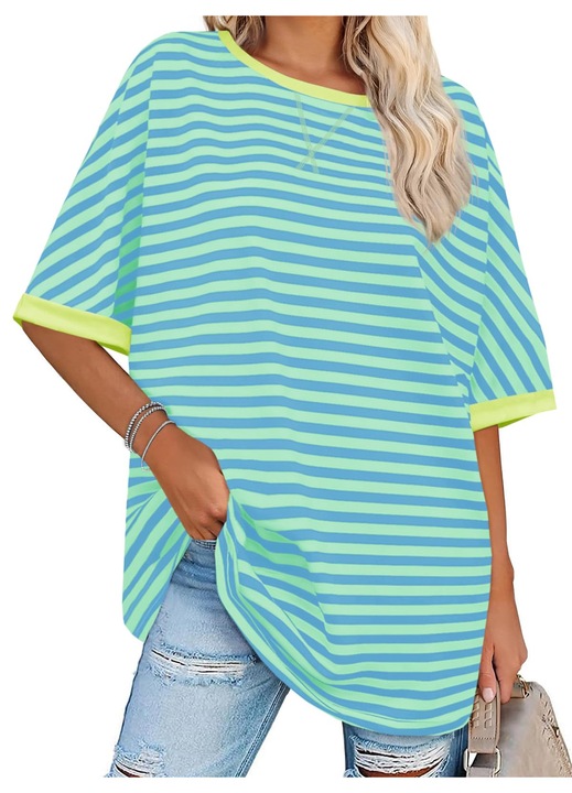 Tricou oversized femei, Imily Bela, dungi（10320）, Albastru deschis