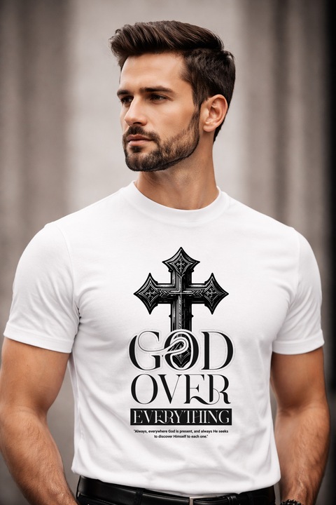 Tricou bărbați Neo alb, imprimeu cruce și mesaj biblic, bumbac 100%, mărime S INTL