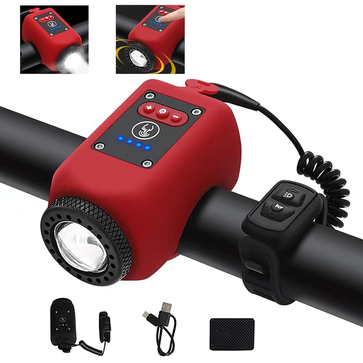 Sonerie electrica pentru bicicleta cu lumina, 6 tonuri, USB-C, volum ajustabil, 4 moduri de iluminare, impermeabil, rosu