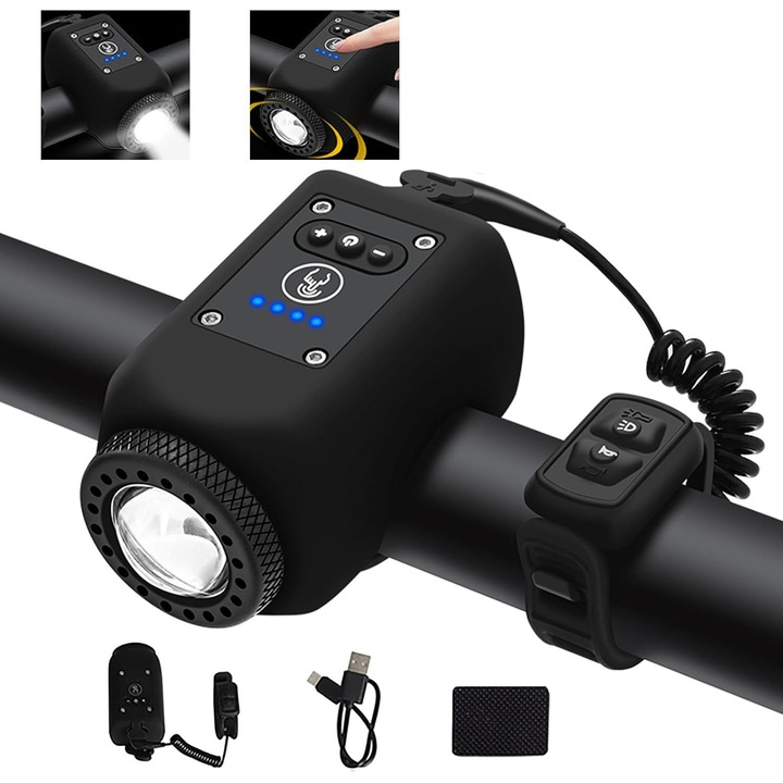 Sonerie bicicleta electrica cu lumina, 6 tonuri, USB-C, volum ajustabil, 4 moduri de iluminare, impermeabil, negru